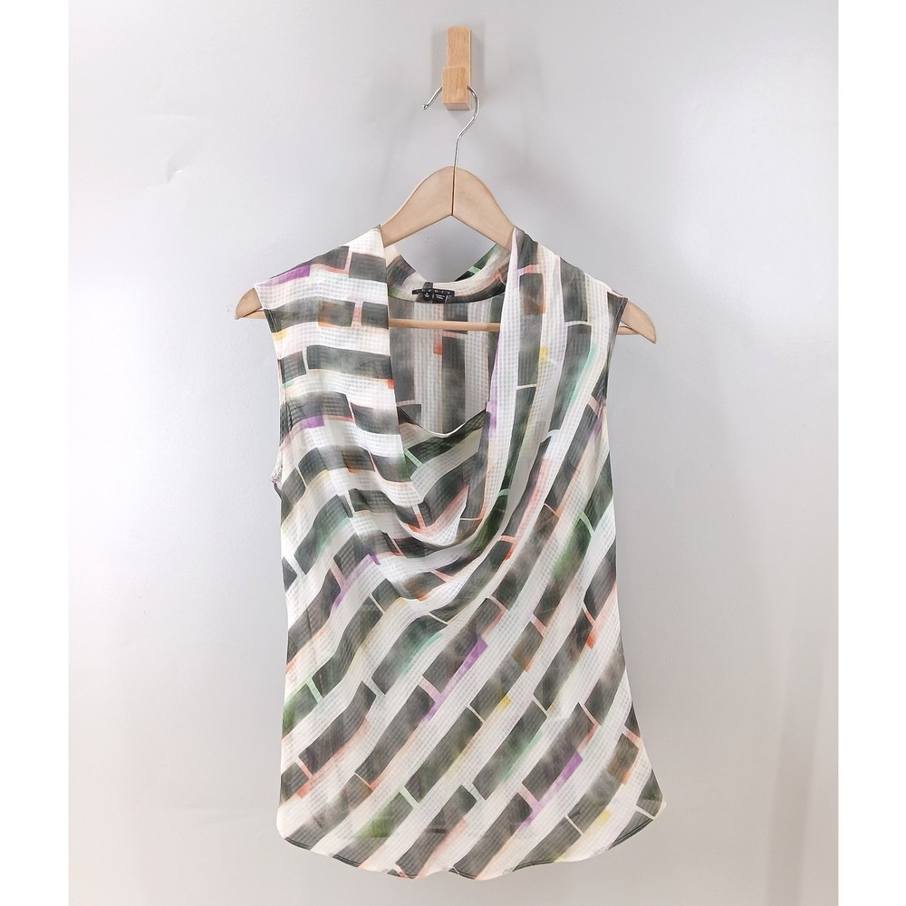 Theory Womens Shell Blouse Petite Multicolor Silk Cowl Neck Sleeveless